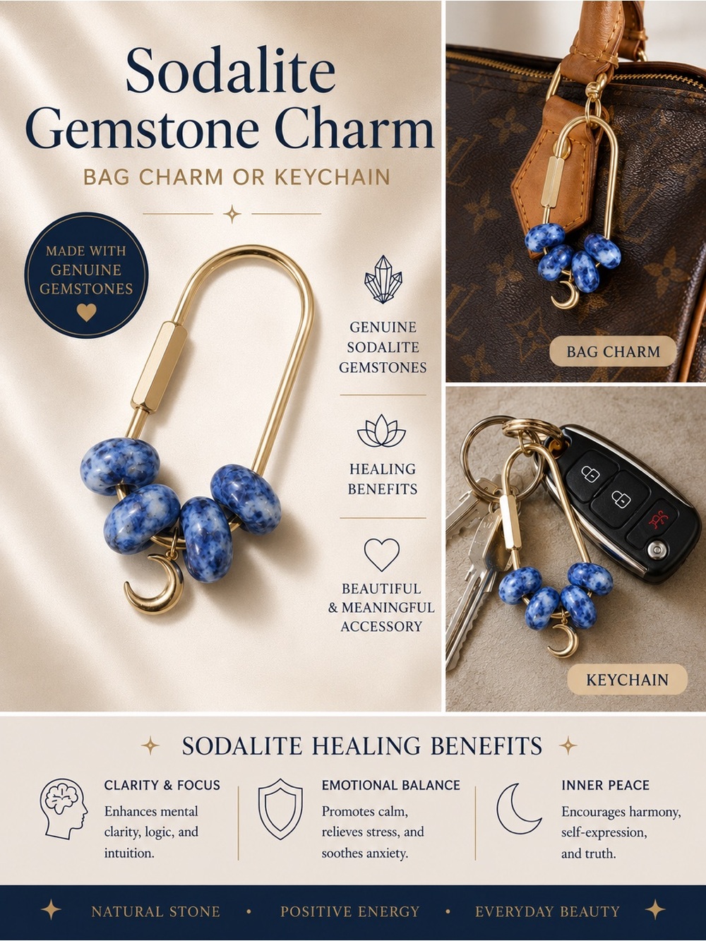 Sodalite Gemstone Bag Charm Keychain
